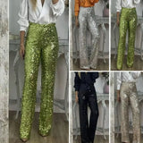GETADME Women Pants Sequins High Waist Flared Pants for Women Shimmering Slim Fit Trousers with Elastic Waistband Stylish for A