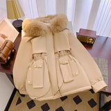 GETADME Women Parka Fashion Long Coat Wool Liner Hooded Parkas 2025 New Winter Jacket Slim with Fur Collar Warm Snow Wear Padded Clothes