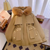 GETADME Women Parka Fashion Long Coat Wool Liner Hooded Parkas 2025 New Winter Jacket Slim with Fur Collar Warm Snow Wear Padded Clothes
