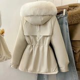 GETADME Women Parka Fashion Long Coat Wool Liner Hooded Parkas 2025 New Winter Jacket Slim with Fur Collar Warm Snow Wear Padded Clothes
