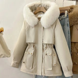 GETADME Women Parka Fashion Long Coat Wool Liner Hooded Parkas 2025 New Winter Jacket Slim with Fur Collar Warm Snow Wear Padded Clothes