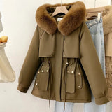 GETADME Women Parka Fashion Long Coat Wool Liner Hooded Parkas 2025 New Winter Jacket Slim with Fur Collar Warm Snow Wear Padded Clothes