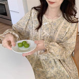 GETADME 여성 플러스 사이즈 파자마 가든 스타일 학생 홈웨어 투피스 한국 버전 리본은 밖에서 입을 수 있습니다 긴팔 여성