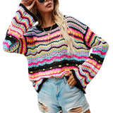 GETADME Women Round Neck Loose Sweaters, Bohemian Long Sleeve Crochet Knit Pullover Tops