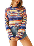 GETADME Women Round Neck Loose Sweaters, Bohemian Long Sleeve Crochet Knit Pullover Tops