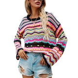 GETADME Women Round Neck Loose Sweaters, Bohemian Long Sleeve Crochet Knit Pullover Tops