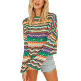 GETADME Women Round Neck Loose Sweaters, Bohemian Long Sleeve Crochet Knit Pullover Tops