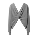 GETADME Women Sexy Off Shoulder Knitted Pullovers Tops 2025 Spring Autumn Elegant Long Lantern Sleeves Ruched V Shaper Backless Sweater