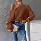 GETADME Women Sexy Off Shoulder Knitted Pullovers Tops 2025 Spring Autumn Elegant Long Lantern Sleeves Ruched V Shaper Backless Sweater