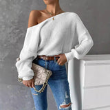 GETADME Women Sexy Off Shoulder Knitted Pullovers Tops 2025 Spring Autumn Elegant Long Lantern Sleeves Ruched V Shaper Backless Sweater
