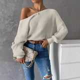 GETADME Women Sexy Off Shoulder Knitted Pullovers Tops 2025 Spring Autumn Elegant Long Lantern Sleeves Ruched V Shaper Backless Sweater