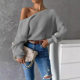 GETADME Women Sexy Off Shoulder Knitted Pullovers Tops 2025 Spring Autumn Elegant Long Lantern Sleeves Ruched V Shaper Backless Sweater