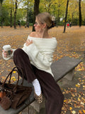 GETADME Women Sexy Solid One Neck Ribbed Sweater Fashion Off Shoulder Long Sleeve Knitted Pullover 2024 Autumn Lady Chic Street Knitwear
