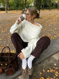 GETADME Women Sexy Solid One Neck Ribbed Sweater Fashion Off Shoulder Long Sleeve Knitted Pullover 2024 Autumn Lady Chic Street Knitwear