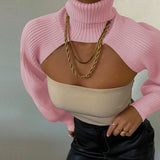 GETADME Women Sexy Turtleneck Long Puff Sleeve Knitted Sweater Arm Warmers Backless Knitwear Pullover Crop Top