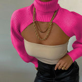 GETADME Women Sexy Turtleneck Long Puff Sleeve Knitted Sweater Arm Warmers Backless Knitwear Pullover Crop Top