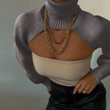 GETADME Women Sexy Turtleneck Long Puff Sleeve Knitted Sweater Arm Warmers Backless Knitwear Pullover Crop Top