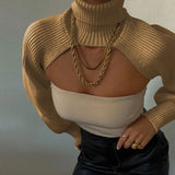 GETADME Women Sexy Turtleneck Long Puff Sleeve Knitted Sweater Arm Warmers Backless Knitwear Pullover Crop Top