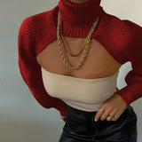 GETADME Women Sexy Turtleneck Long Puff Sleeve Knitted Sweater Arm Warmers Backless Knitwear Pullover Crop Top