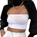 GETADME Women Sexy Turtleneck Long Puff Sleeve Knitted Sweater Arm Warmers Backless Knitwear Pullover Crop Top