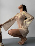 GETADME Women Shiny Short Dresses Sexy Long Flare Sleeve Mesh Through Party Dress 2024 Autumn New Clubwear Streetwear Vestidos