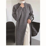 GETADME Women Side Split Long Maxi Knitted Sweaters Casual Female Loose O-Neck Long Sleeve Knitwear Pullovers PYMY-MY718745