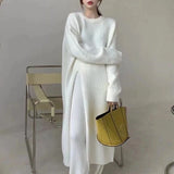 GETADME Women Side Split Long Maxi Knitted Sweaters Casual Female Loose O-Neck Long Sleeve Knitwear Pullovers PYMY-MY718745