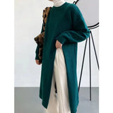 GETADME Women Side Split Long Maxi Knitted Sweaters Casual Female Loose O-Neck Long Sleeve Knitwear Pullovers PYMY-MY718745