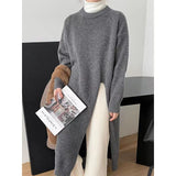 GETADME Women Side Split Long Maxi Knitted Sweaters Casual Female Loose O-Neck Long Sleeve Knitwear Pullovers PYMY-MY718745