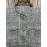 GETADME Women Small Fragrance Autumn Winter Blue Plaid Fringed O Neck Short Coat Long Sleeve Fashion High Quality Casual Tweed Jacket