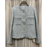 GETADME Women Small Fragrance Autumn Winter Blue Plaid Fringed O Neck Short Coat Long Sleeve Fashion High Quality Casual Tweed Jacket