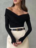 GETADME Women Solid Color Basic Shirt Front Cross V-Neck Long Sleeve Off Shoulder Blouse Spring Fall Slim Fit Pullovers Top Casual Daily