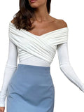 GETADME Women Solid Color Basic Shirt Front Cross V-Neck Long Sleeve Off Shoulder Blouse Spring Fall Slim Fit Pullovers Top Casual Daily