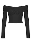GETADME Women Solid Color Basic Shirt Front Cross V-Neck Long Sleeve Off Shoulder Blouse Spring Fall Slim Fit Pullovers Top Casual Daily