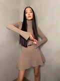 GETADME Women Solid High Collar Sweater A-line Dresses Long Sleeved High Waisted Short Knitted Dress Autumn Chic Female Street vestidos