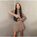 GETADME Women Solid High Collar Sweater A-line Dresses Long Sleeved High Waisted Short Knitted Dress Autumn Chic Female Street vestidos