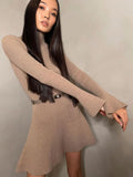 GETADME Women Solid High Collar Sweater A-line Dresses Long Sleeved High Waisted Short Knitted Dress Autumn Chic Female Street vestidos