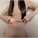GETADME Women Solid High Collar Sweater A-line Dresses Long Sleeved High Waisted Short Knitted Dress Autumn Chic Female Street vestidos