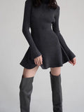 GETADME Women Solid High Collar Sweater A-line Dresses Long Sleeved High Waisted Short Knitted Dress Autumn Chic Female Street vestidos