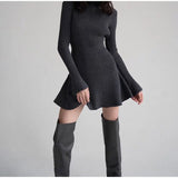 GETADME Women Solid High Collar Sweater A-line Dresses Long Sleeved High Waisted Short Knitted Dress Autumn Chic Female Street vestidos