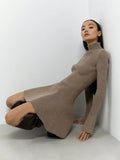 GETADME Women Solid High Collar Sweater A-line Dresses Long Sleeved High Waisted Short Knitted Dress Autumn Chic Female Street vestidos
