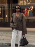 GETADME Women Solid Single Breasted Knitted Cardigan Elegant V Neck Long Sleeves Sweater Autumn Fashion Lady Commuting Street Wear