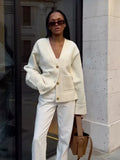 GETADME Women Solid Single Breasted Knitted Cardigan Elegant V Neck Long Sleeves Sweater Autumn Fashion Lady Commuting Street Wear