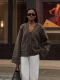 GETADME Women Solid Single Breasted Knitted Cardigan Elegant V Neck Long Sleeves Sweater Autumn Fashion Lady Commuting Street Wear