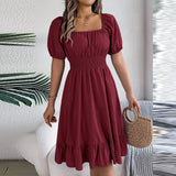 GETADME 여성 봄 여름 드레스 스퀘어넥 퍼프 슬리브 A라인 로브 여성 우아한 드레스 타이 웨이스트 셔링 캐주얼 솔리드 롱 드레스