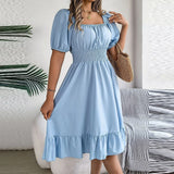 GETADME 여성 봄 여름 드레스 스퀘어넥 퍼프 슬리브 A라인 로브 여성 우아한 드레스 타이 웨이스트 셔링 캐주얼 솔리드 롱 드레스