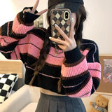GETADME Women Striped Jumper Vintage Female Autumn Long Sleeve Casual Cropped Sweater