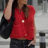 GETADME Women Sweater Tank Tops Solid Color Button Front V-Neck Knit Vest Sleeveless Knitwear Cardigan for Streetwear