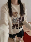 Getadme Women Thicken Warm Winter Kawaii Sweater Harajuku Polo Bear Jacquard Sweater O-neck Long Sleeve Jumper Pullover Hip Hop Y2K Tops