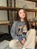 Getadme Women Thicken Warm Winter Kawaii Sweater Harajuku Polo Bear Jacquard Sweater O-neck Long Sleeve Jumper Pullover Hip Hop Y2K Tops